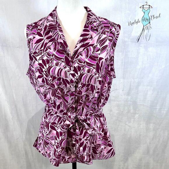 Jaclyn Smith burgundy and pink belted button down blouse top size large - Picture 1 of 5
